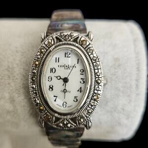L.A. EXPRESS Quartz Women’s Watch Abalone Inlay Band Silver Tone Vtg Needs Batt